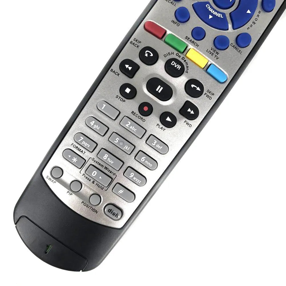 Black universal remote control for DISH Network satellite receivers with flat button design.