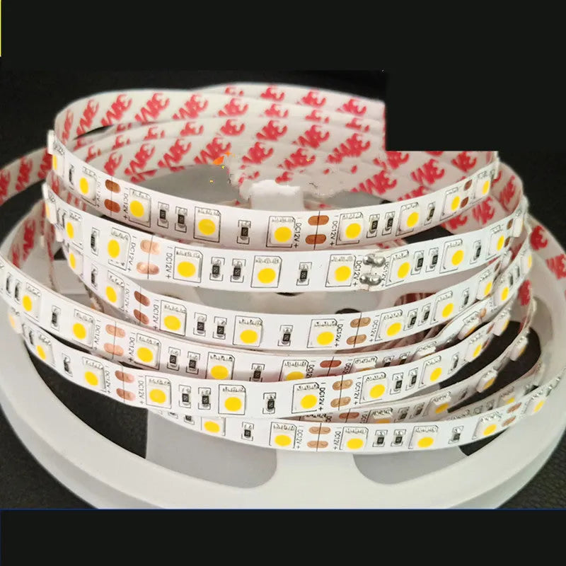 Close-up of a flexible white LED light strip (soft belt) showing either 120 or 60 LEDs per metre.
