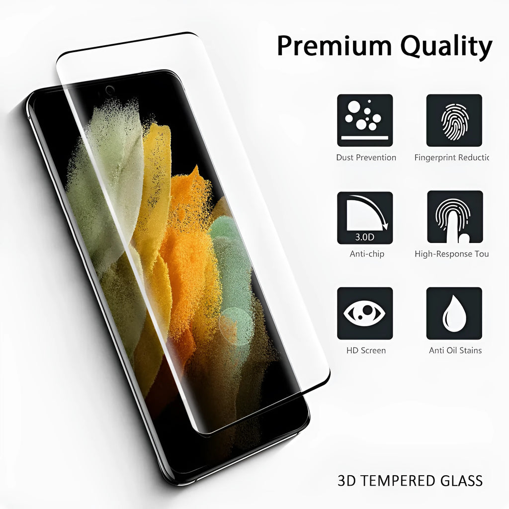 Samsung Galaxy S21 Ultra tempered glass screen protector with 3D curved edges on a phone