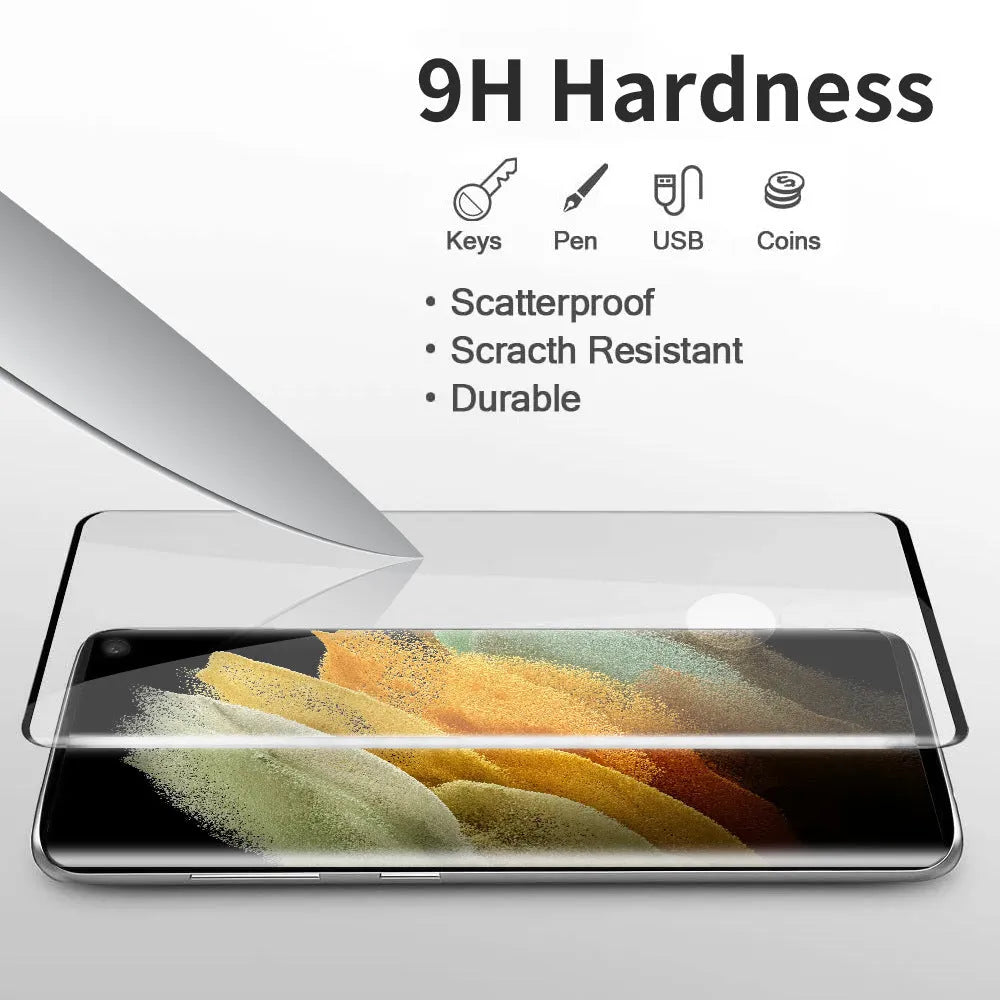 Samsung Galaxy S21 Ultra tempered glass screen protector with 3D curved edges on a phone