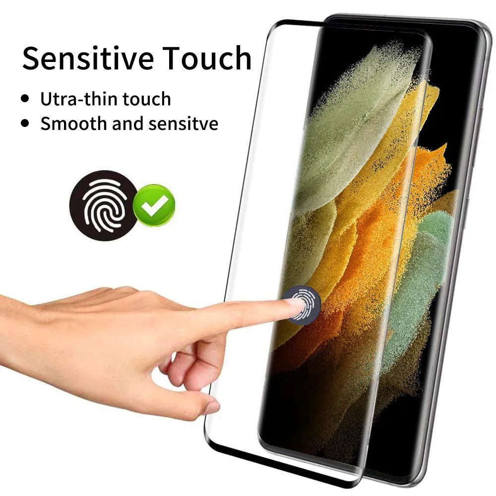 Samsung Galaxy S21 Ultra tempered glass screen protector with 3D curved edges on a phone