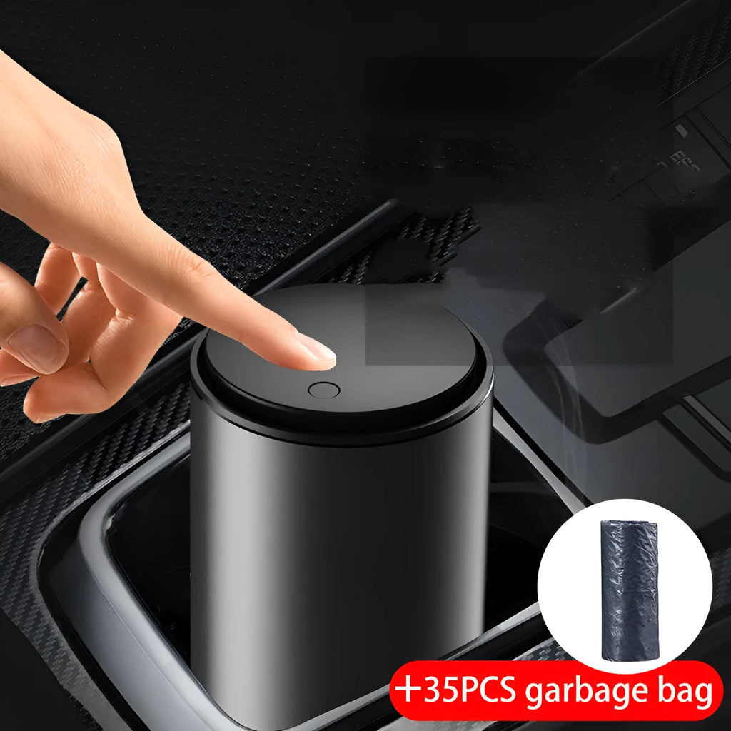 Mini aluminium alloy car trash can in solid colour with a roll of garbage bags inside