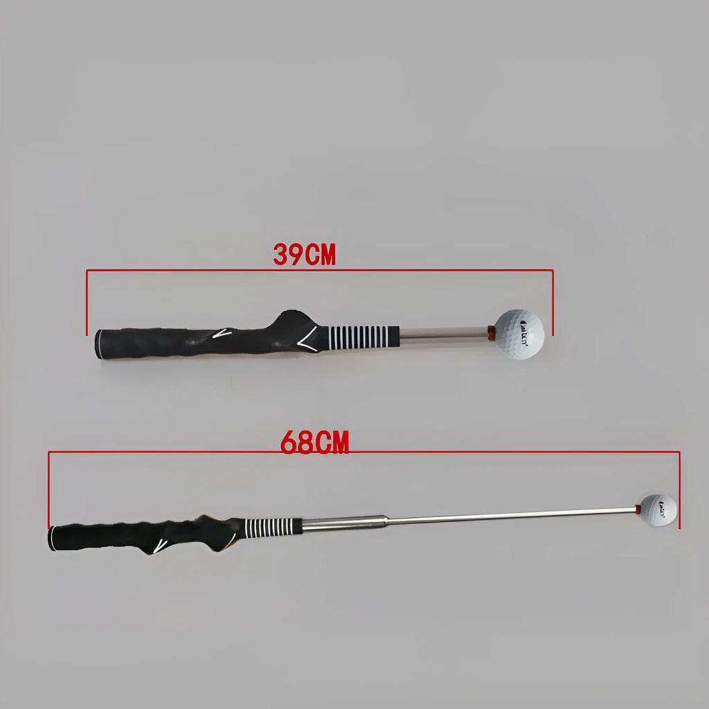 Black golf telescopic swing trainer vocal stick with rubber grip and steel shaft, 39-68cm adjustable.