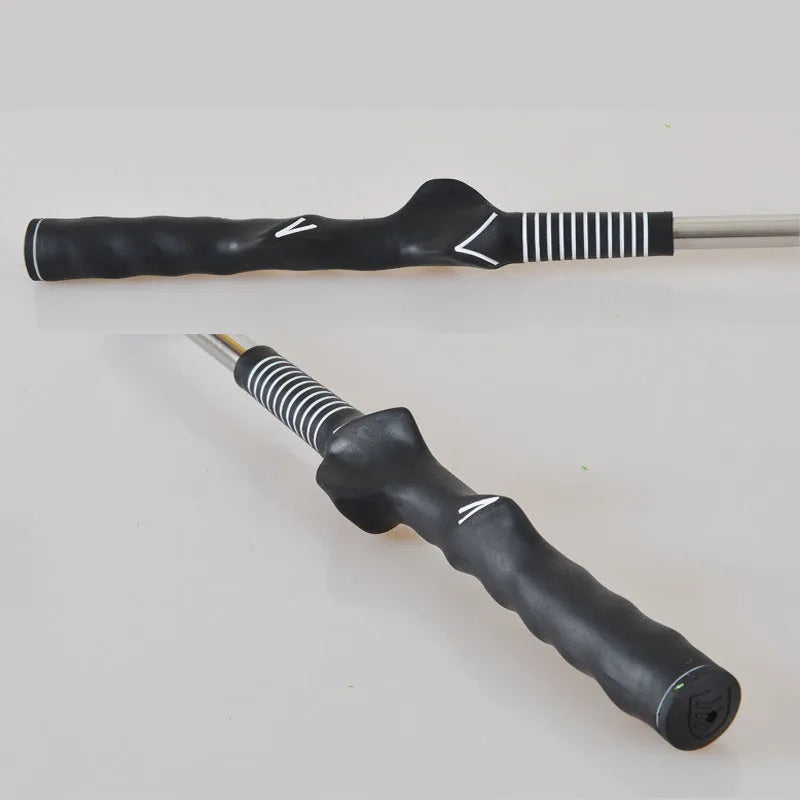 Black golf telescopic swing trainer vocal stick with rubber grip and steel shaft, 39-68cm adjustable.