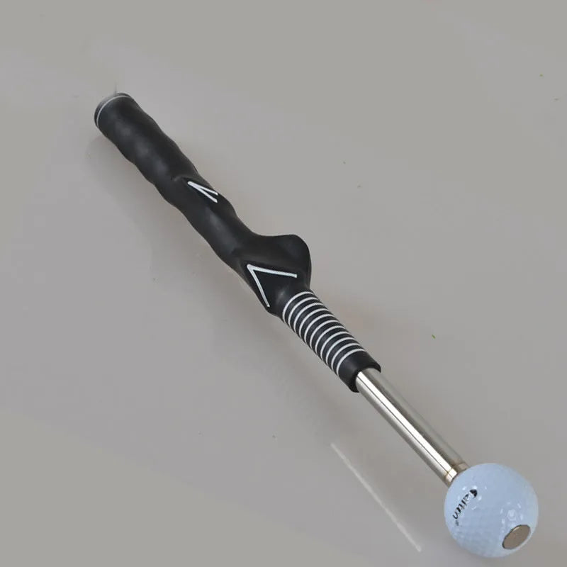 Black golf telescopic swing trainer vocal stick with rubber grip and steel shaft, 39-68cm adjustable.