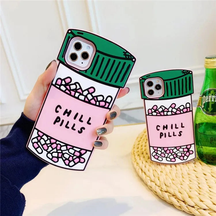 Pink silicone iPhone case with cartoon pill design back cover for compatible iPhone models