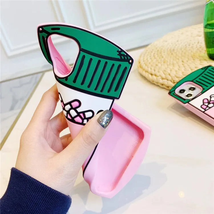 Pink silicone iPhone case with cartoon pill design back cover for compatible iPhone models
