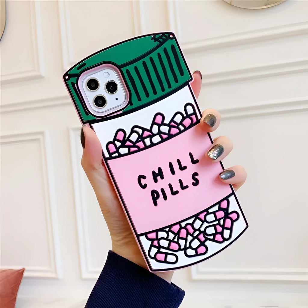 Pink silicone iPhone case with cartoon pill design back cover for compatible iPhone models