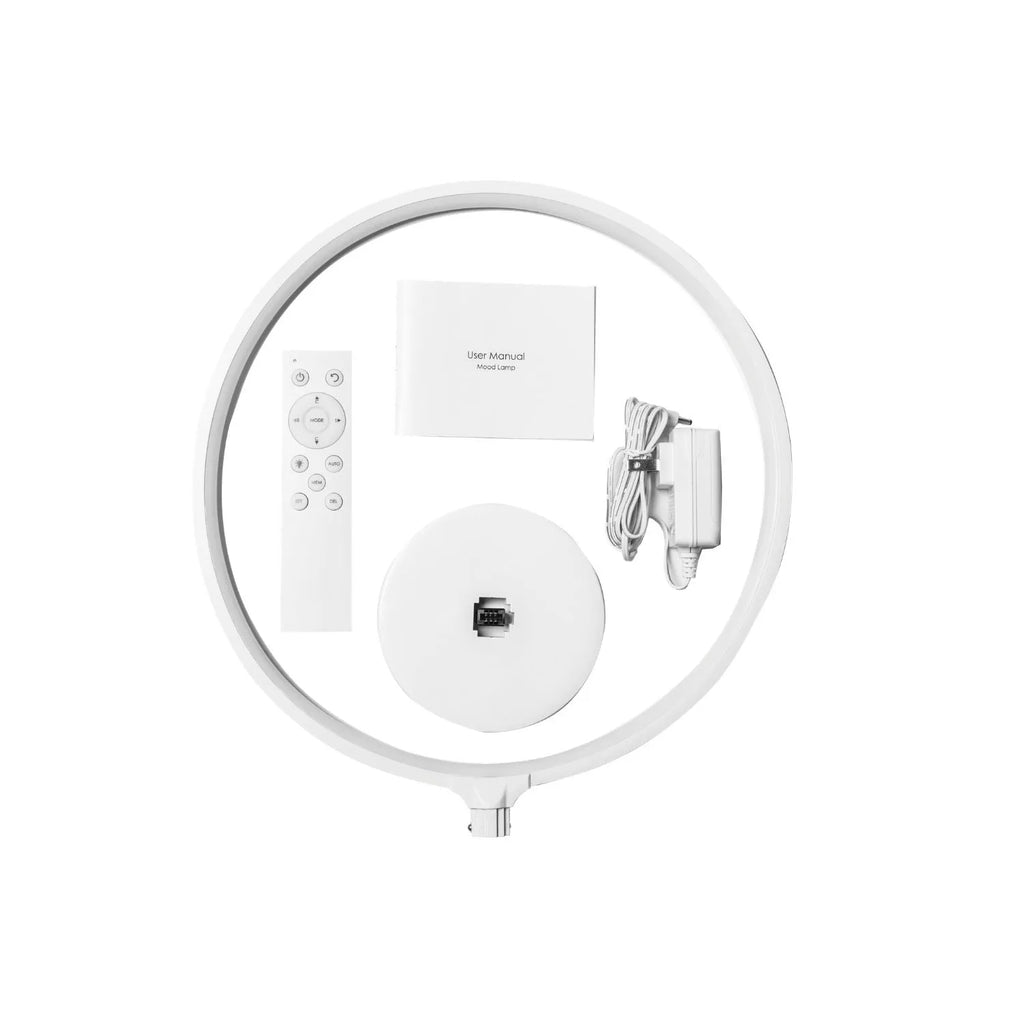 White Full Moon shaped mood lamp with remote control on a wooden desk.