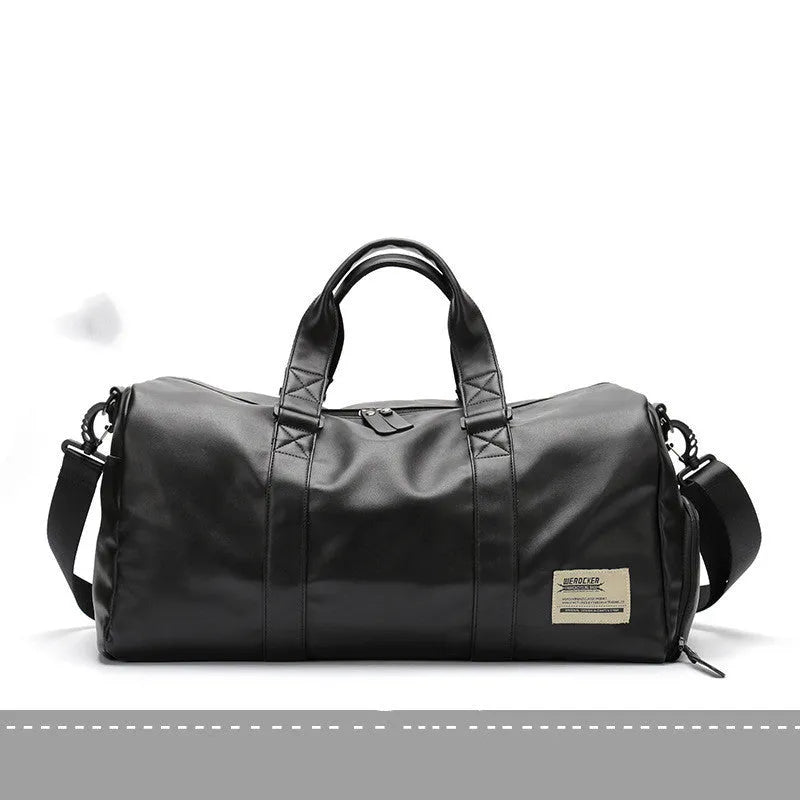 Black waterproof PU leather sports training bag with multiple organisational pockets