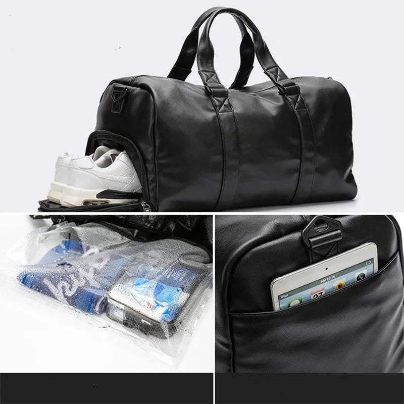 Black waterproof PU leather sports training bag with multiple organisational pockets