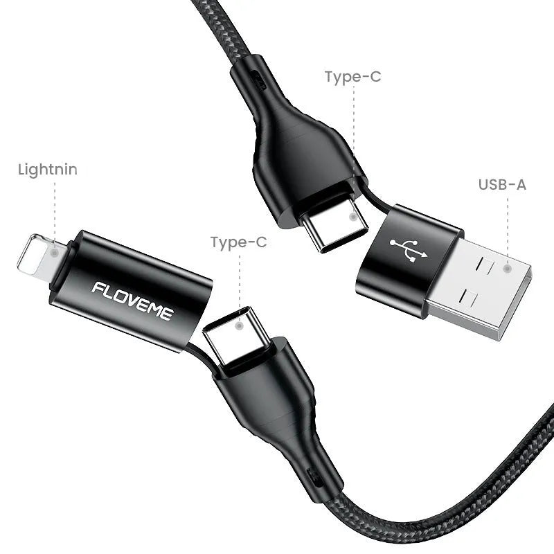 Black braided 4-in-1 mobile phone data cable showing USB-C, Lightning, and USB-A connections