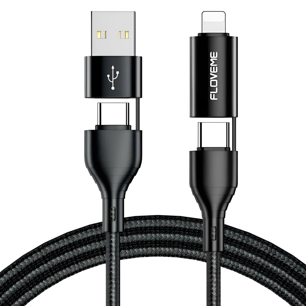 Black braided 4-in-1 mobile phone data cable showing USB-C, Lightning, and USB-A connections