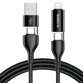 Black braided 4-in-1 mobile phone data cable showing USB-C, Lightning, and USB-A connections