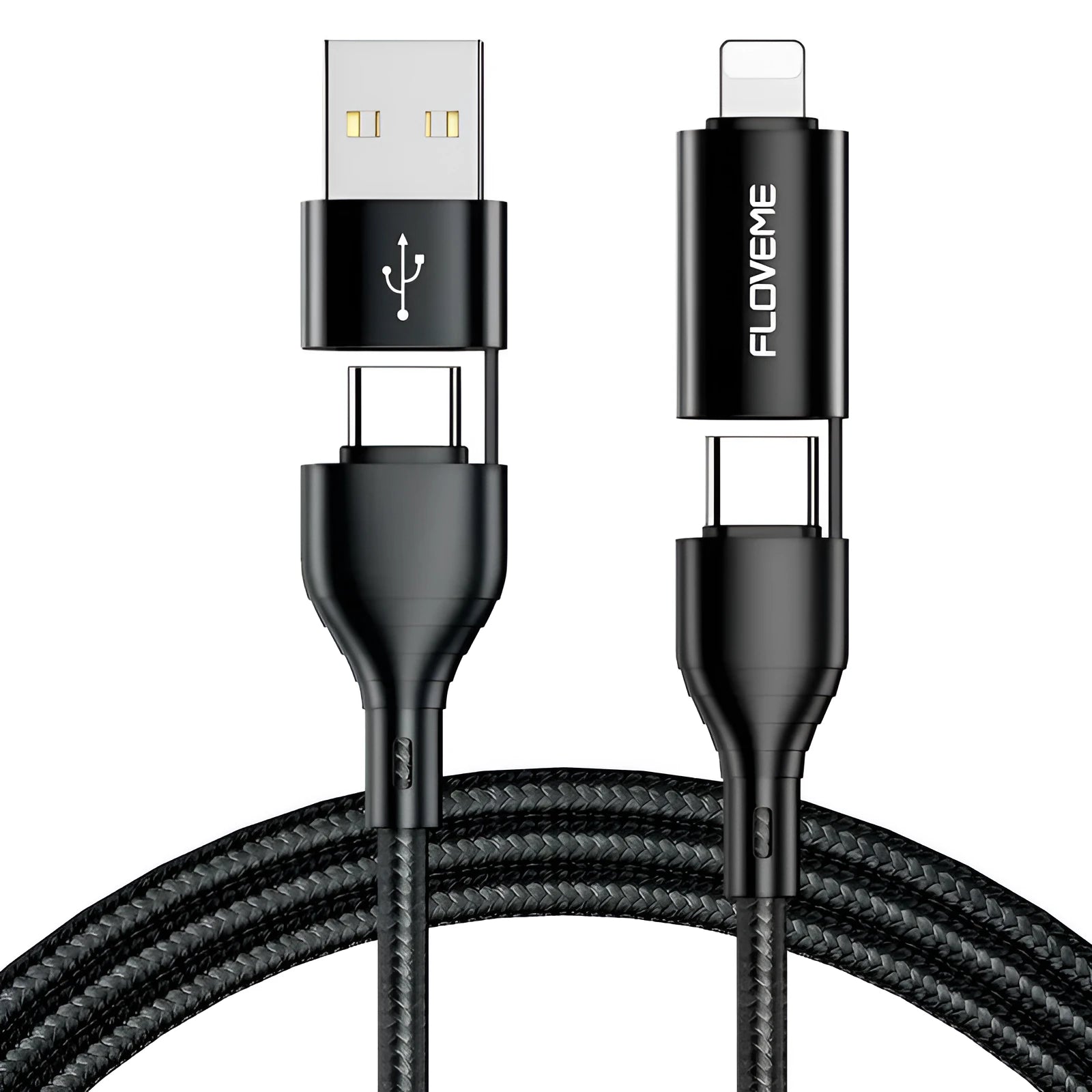 Black braided 4-in-1 mobile phone data cable showing USB-C, Lightning, and USB-A connections