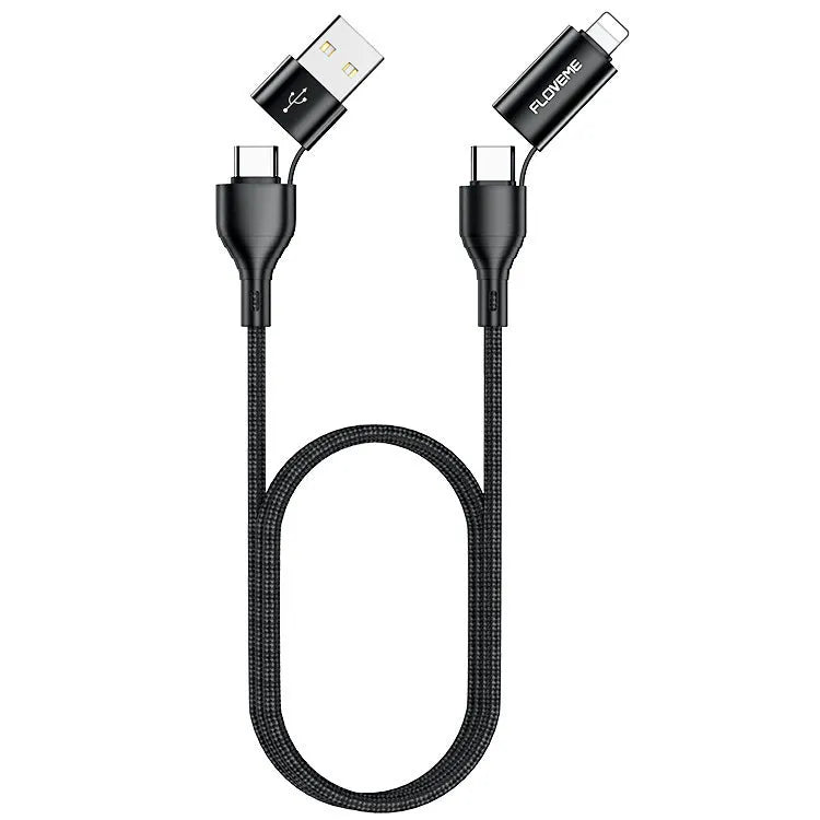 Black braided 4-in-1 mobile phone data cable showing USB-C, Lightning, and USB-A connections