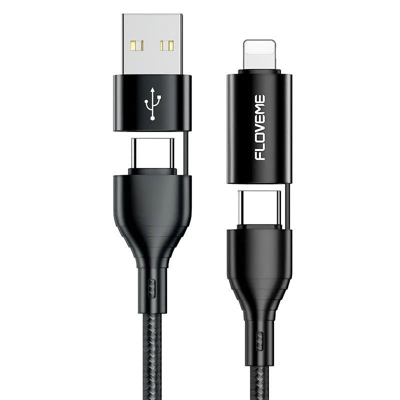 Black braided 4-in-1 mobile phone data cable showing USB-C, Lightning, and USB-A connections