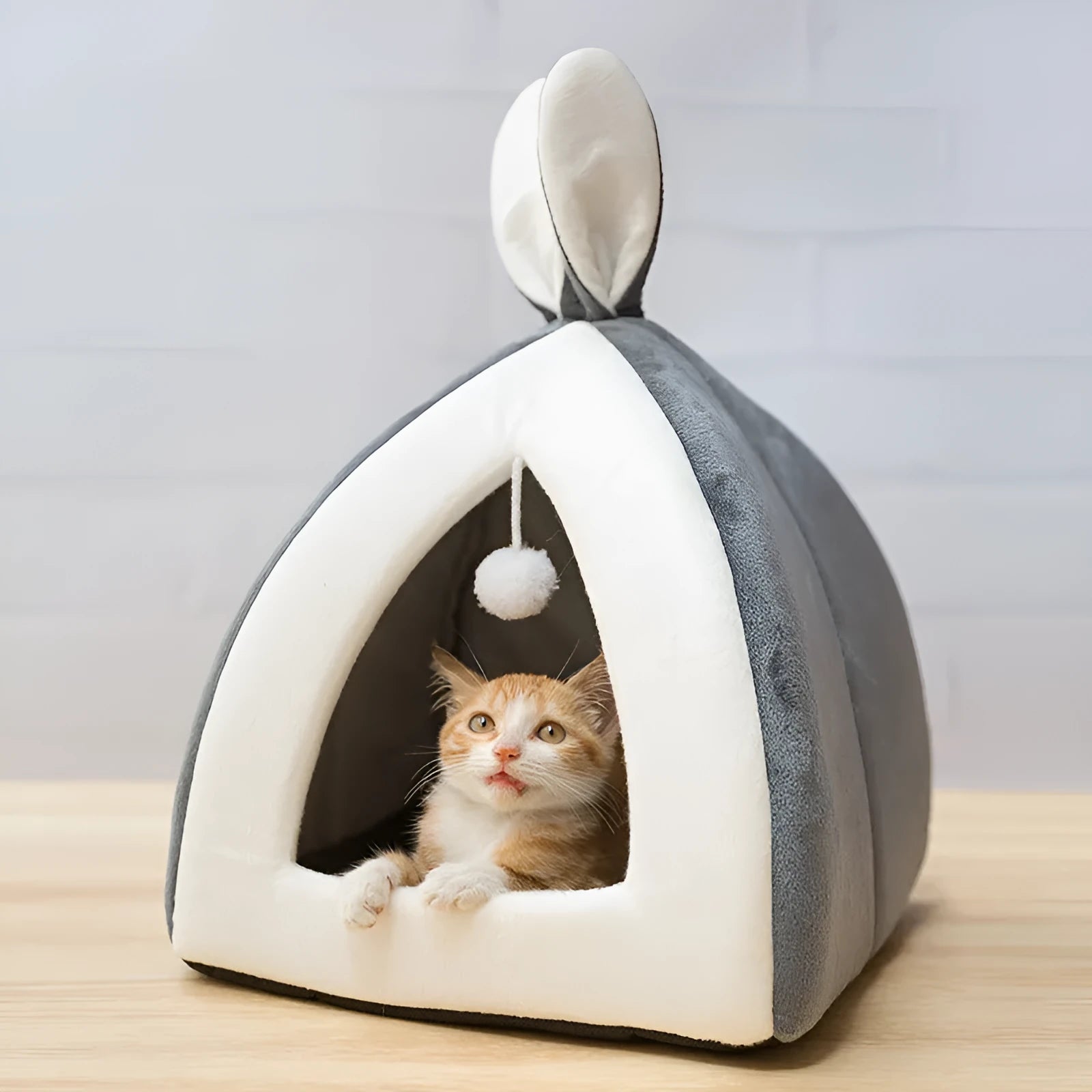 Grey cloth cat house pet bed showing enclosed villa-style design for indoor use