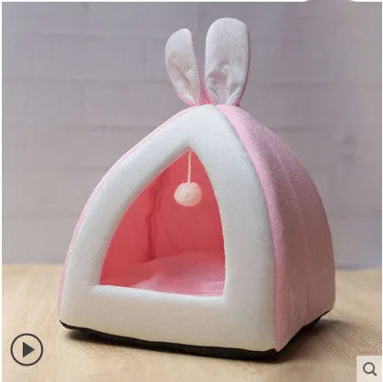 Grey cloth cat house pet bed showing enclosed villa-style design for indoor use