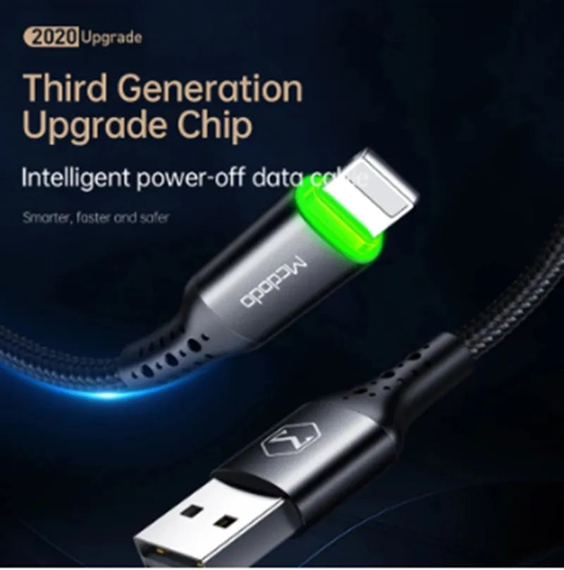Black Apple-compatible iPhone charging cable with dual-colour LED lights showing charging status