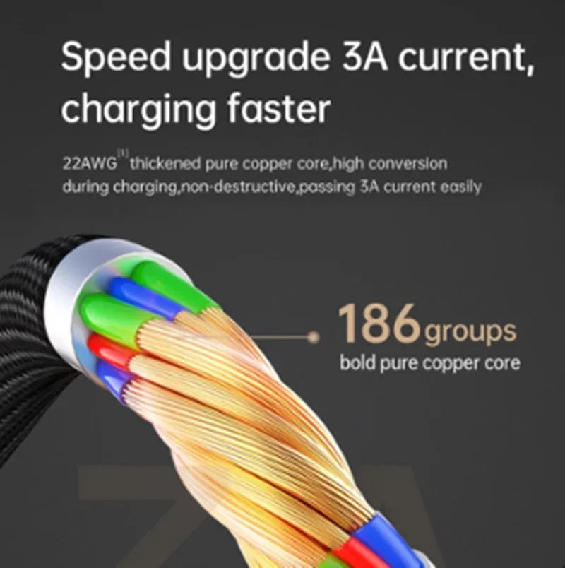 Black Apple-compatible iPhone charging cable with dual-colour LED lights showing charging status