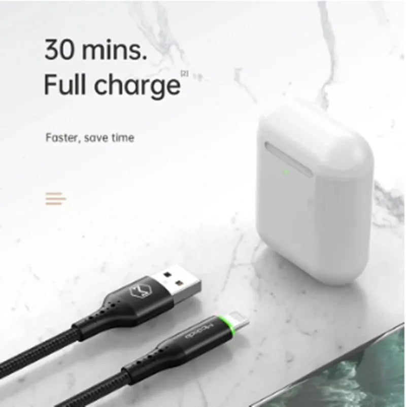 Black Apple-compatible iPhone charging cable with dual-colour LED lights showing charging status