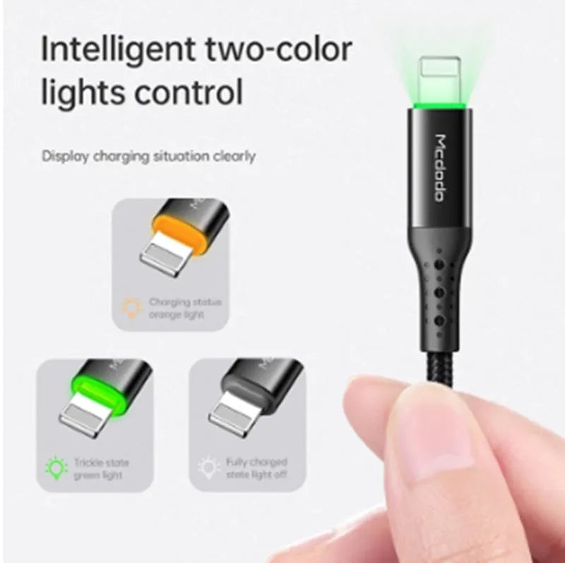 Black Apple-compatible iPhone charging cable with dual-colour LED lights showing charging status