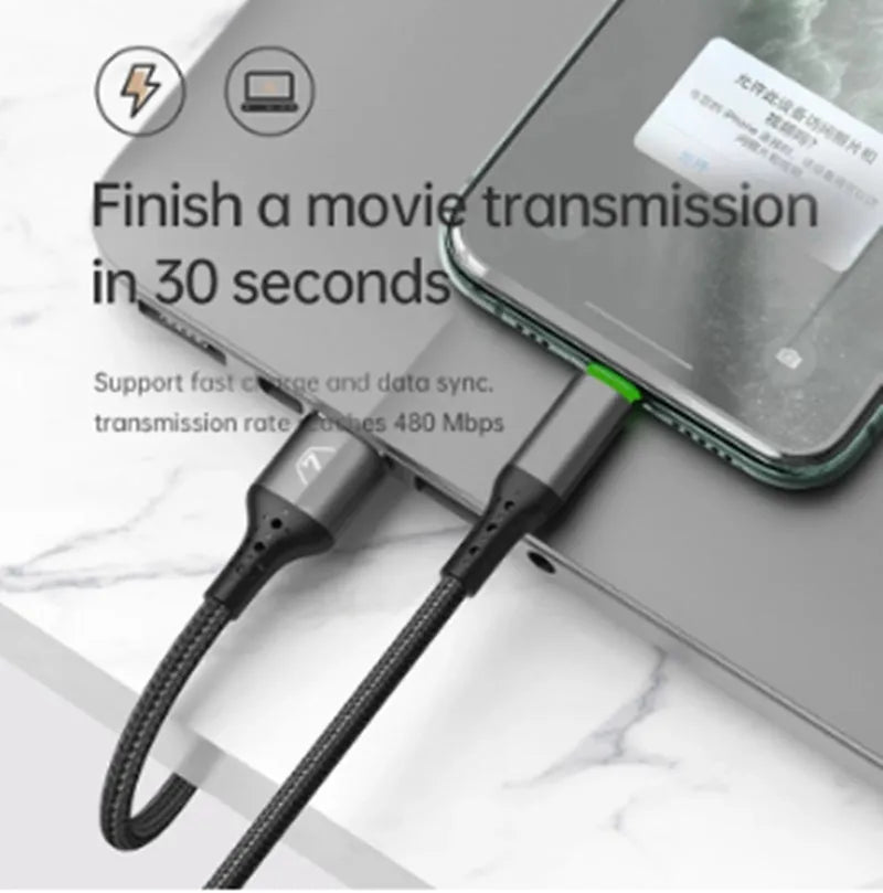 Black Apple-compatible iPhone charging cable with dual-colour LED lights showing charging status