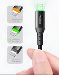 Black Apple-compatible iPhone charging cable with dual-colour LED lights showing charging status