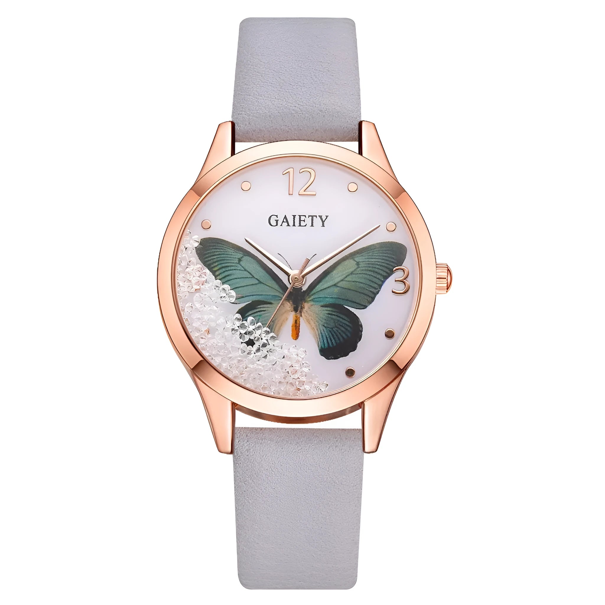 Gaiety ladies watch with removable rhinestone butterfly on a leather strap, showing a round silver dial.