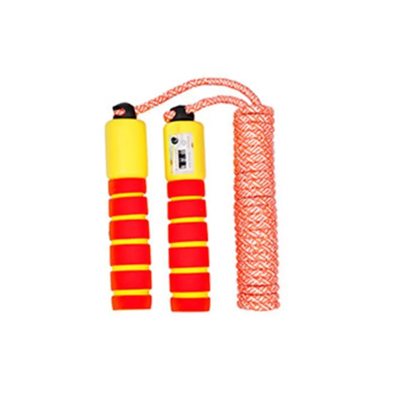 Children's counting skipping rope with NBR cotton braided construction and jump counter in rose red with pink