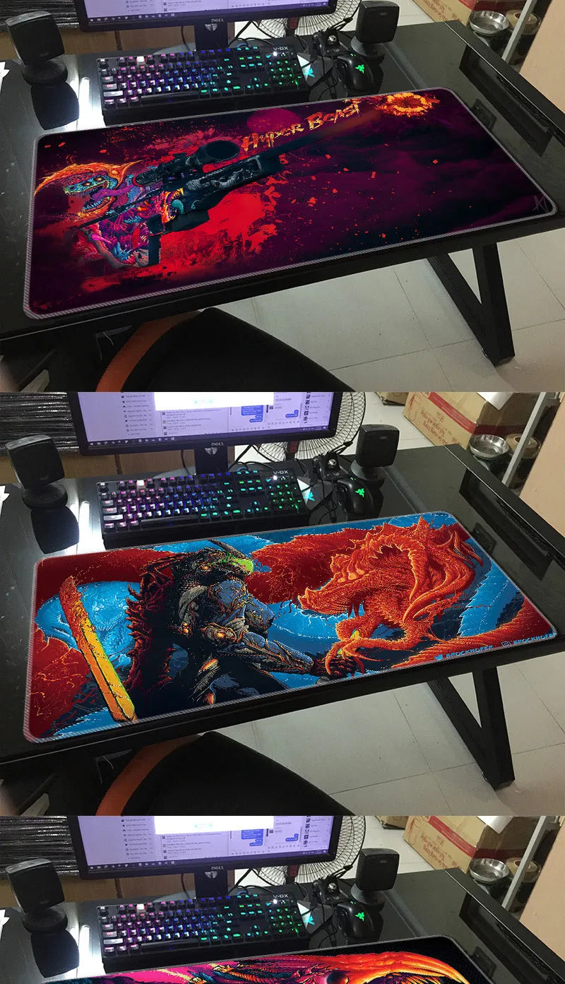 Custom rubber mouse pad with non-slip base, cloth top, and wrist guard in multiple sizes for gaming use