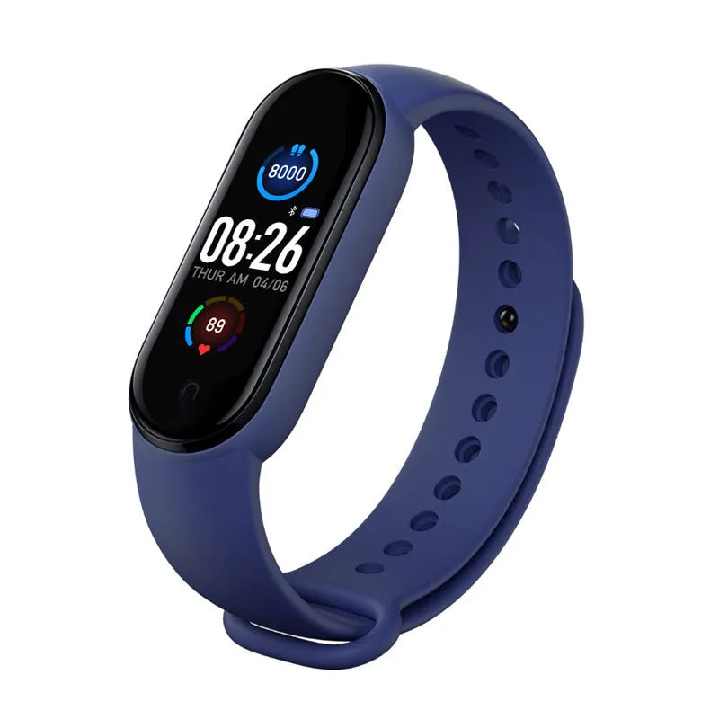M5 Smart Bracelet in black on a wrist, showing the 0.96-inch screen displaying fitness metrics.
