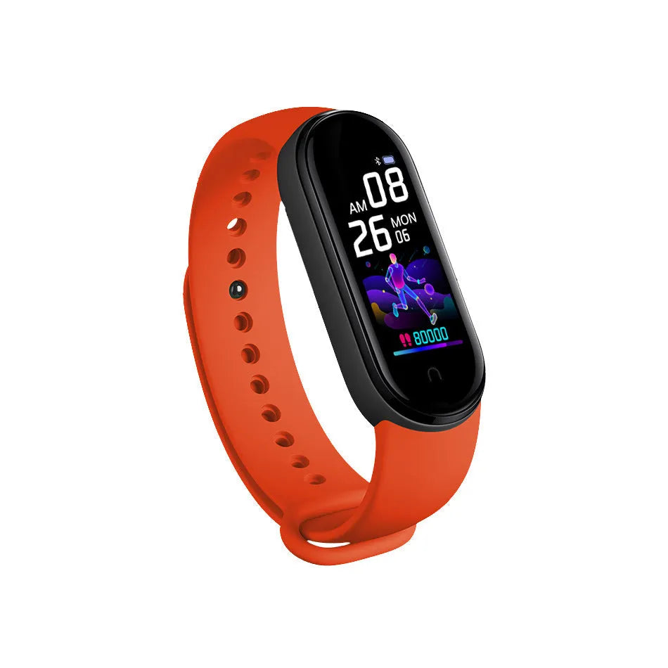 M5 Smart Bracelet in black on a wrist, showing the 0.96-inch screen displaying fitness metrics.