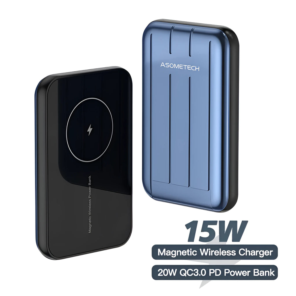 Blue magnetic wireless power bank attached to an iPhone 12, showing cable-free charging.