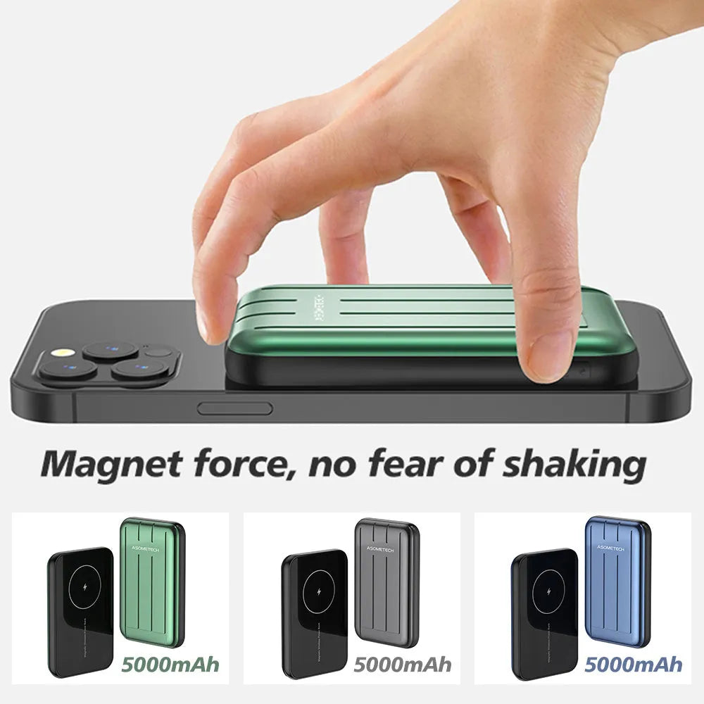 Blue magnetic wireless power bank attached to an iPhone 12, showing cable-free charging.