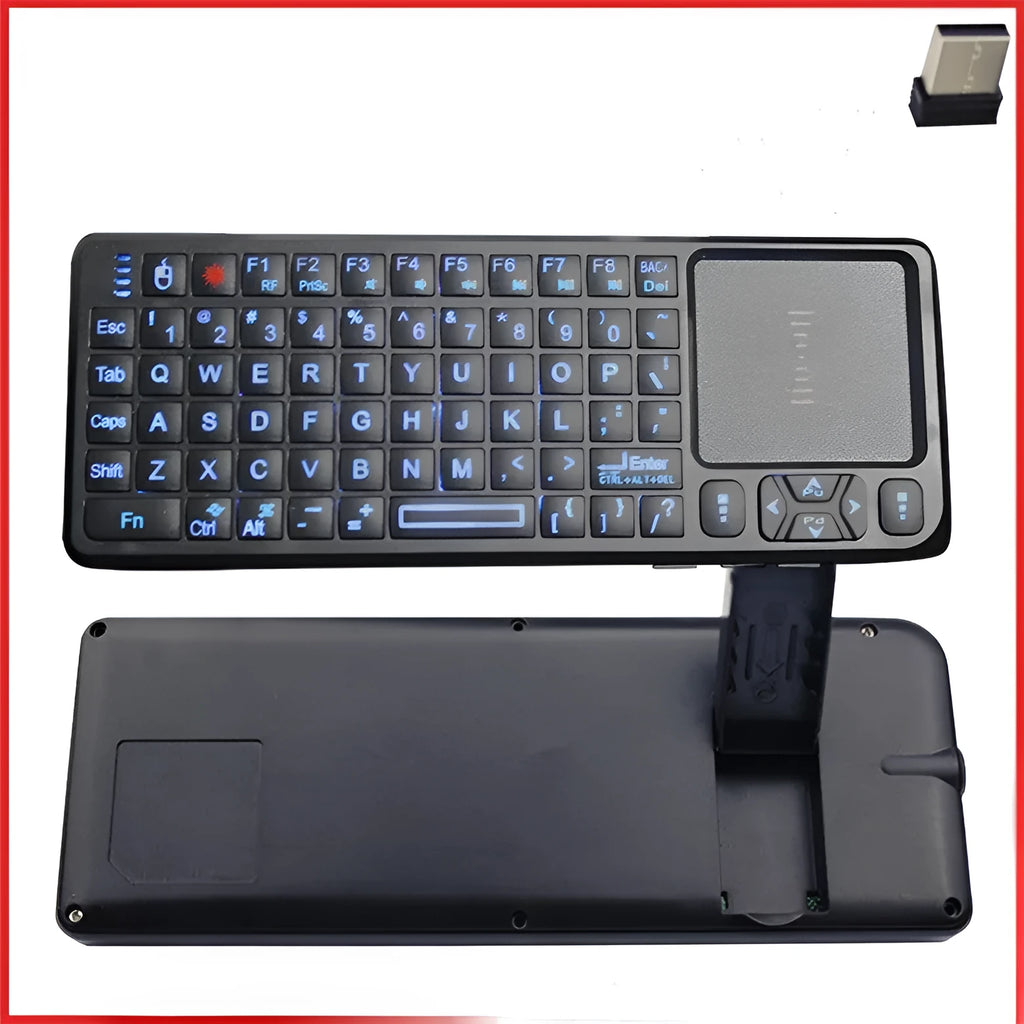 Black wireless laser teaching mini keyboard with touch screen showing compact 151mm design