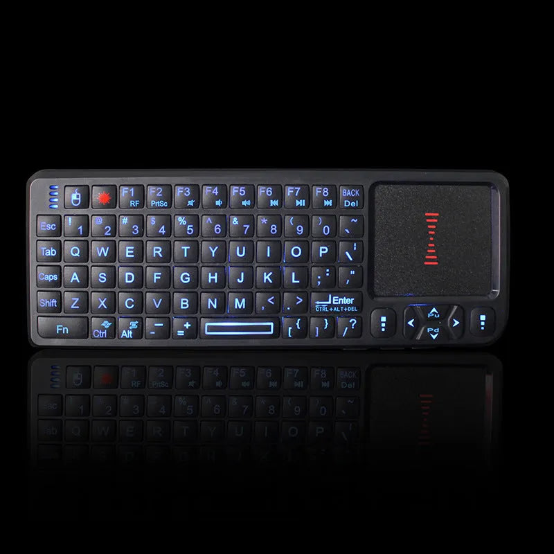 Black wireless laser teaching mini keyboard with touch screen showing compact 151mm design
