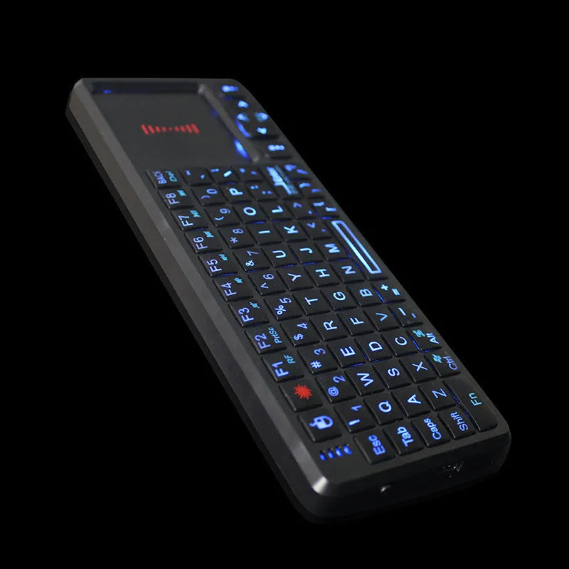 Black wireless laser teaching mini keyboard with touch screen showing compact 151mm design
