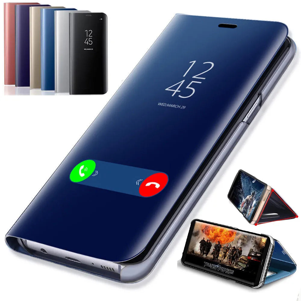 Silver mirror flip phone case with kickstand open, shown next to a Samsung Galaxy phone.