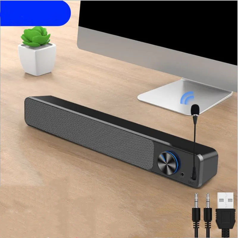 Black and white desktop computer speakers with USB cable and optional Bluetooth connectivity