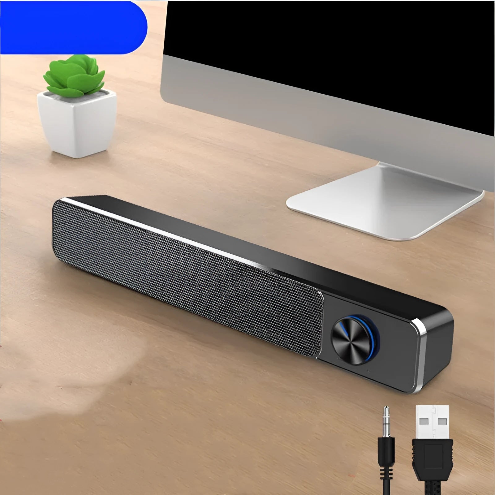 Black and white desktop computer speakers with USB cable and optional Bluetooth connectivity