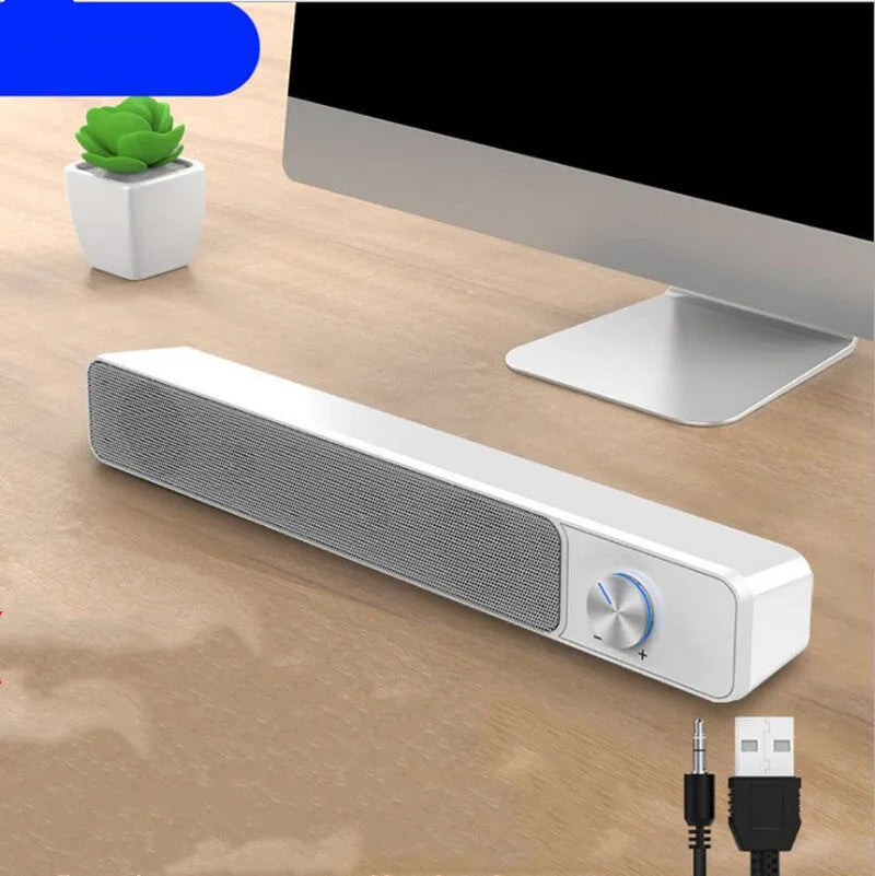 Black and white desktop computer speakers with USB cable and optional Bluetooth connectivity