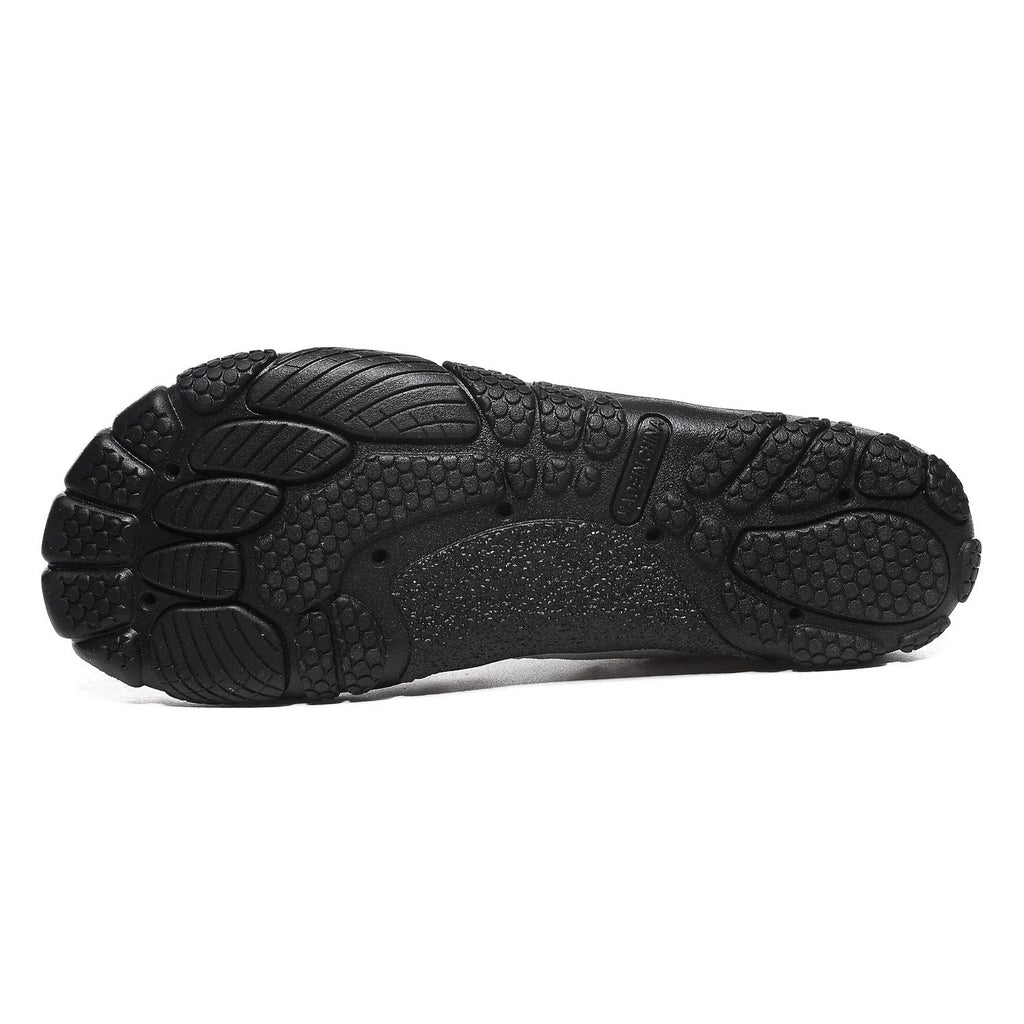 Outdoor water shoes with mesh upper and rubber sole shown in black, suitable for river tracing and hiking.