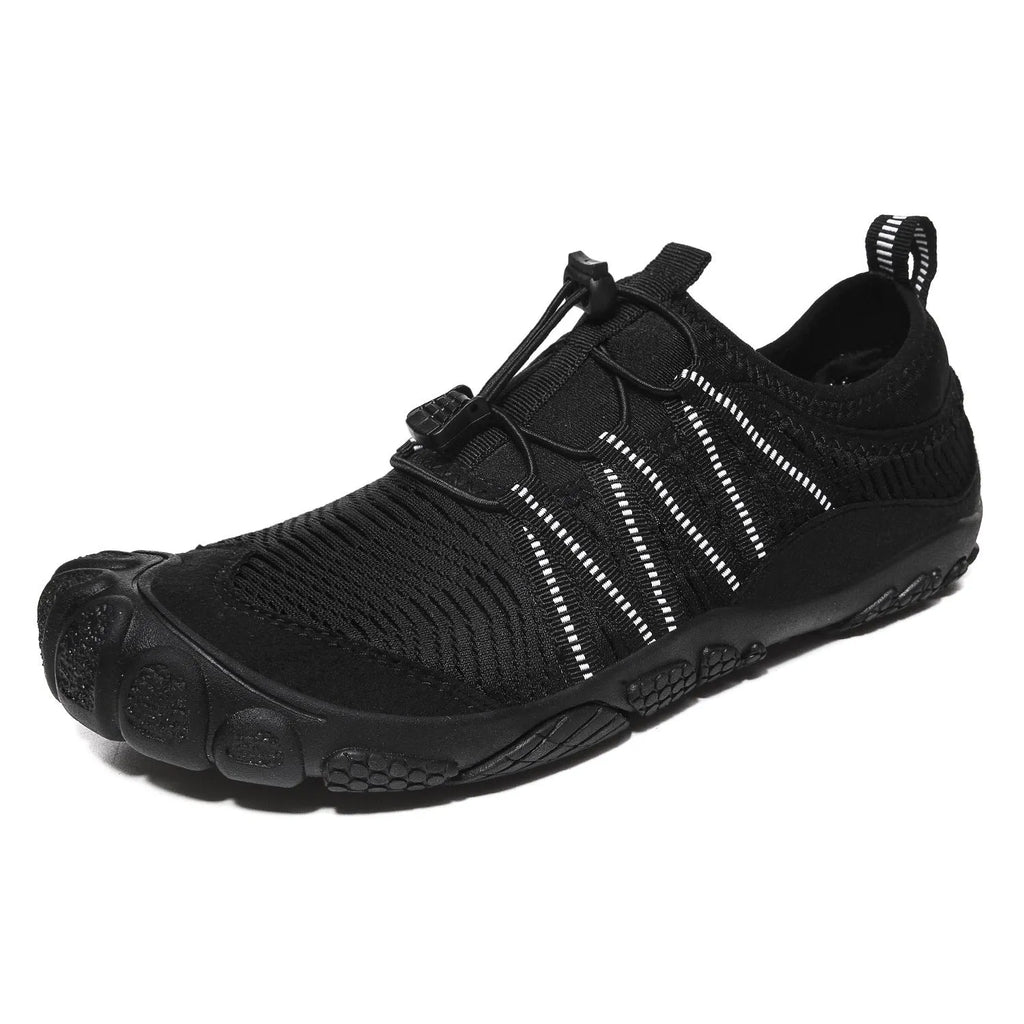 Outdoor water shoes with mesh upper and rubber sole shown in black, suitable for river tracing and hiking.