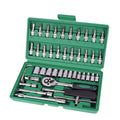 Green plastic case open to show a 46-piece metric socket and car repair tool set including ratchet and wrenches.