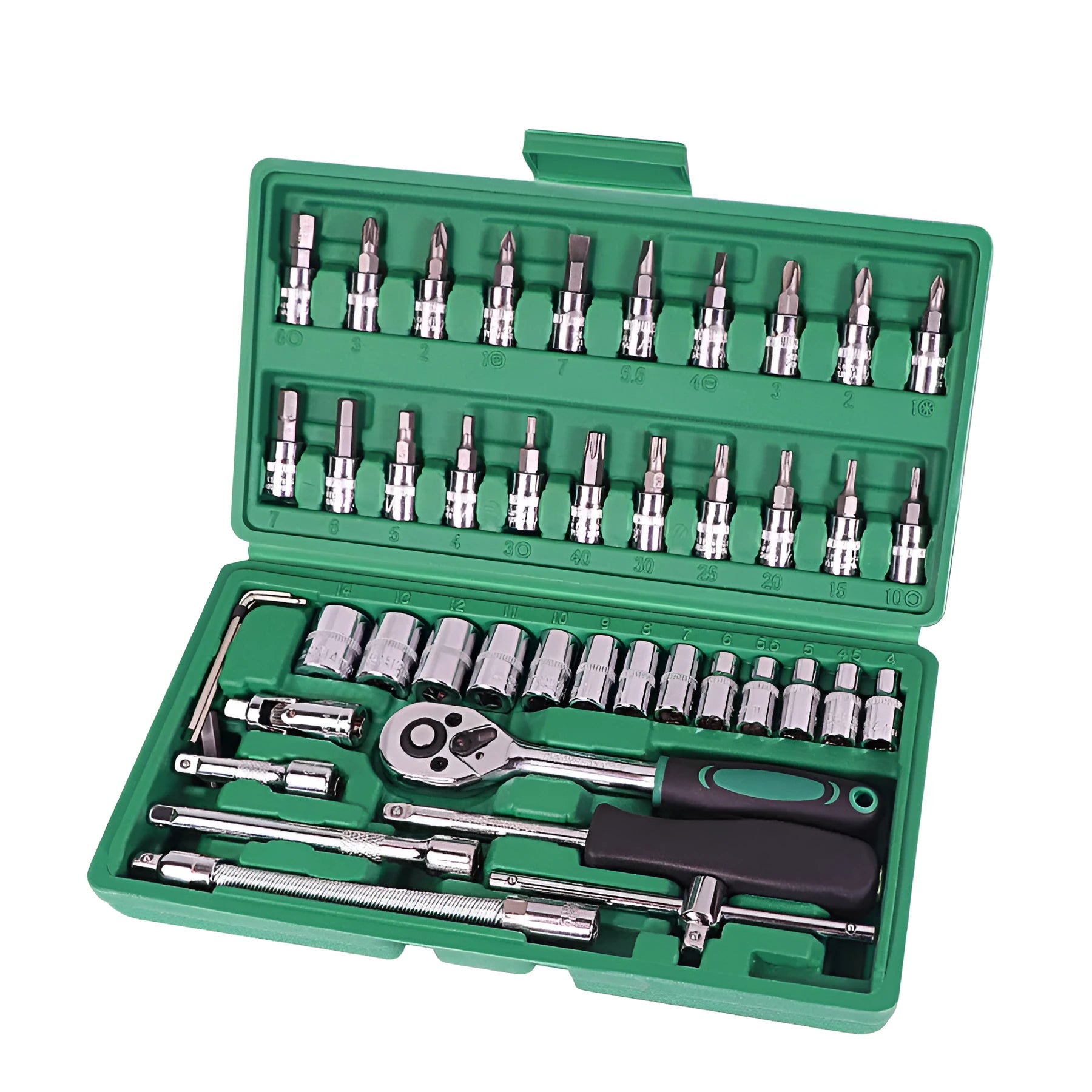 Green plastic case open to show a 46-piece metric socket and car repair tool set including ratchet and wrenches.