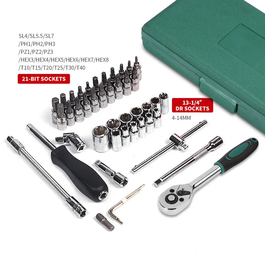 Green plastic case open to show a 46-piece metric socket and car repair tool set including ratchet and wrenches.