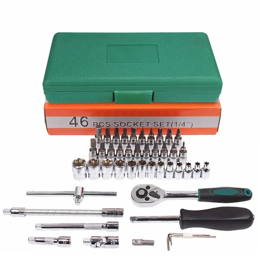 Green plastic case open to show a 46-piece metric socket and car repair tool set including ratchet and wrenches.