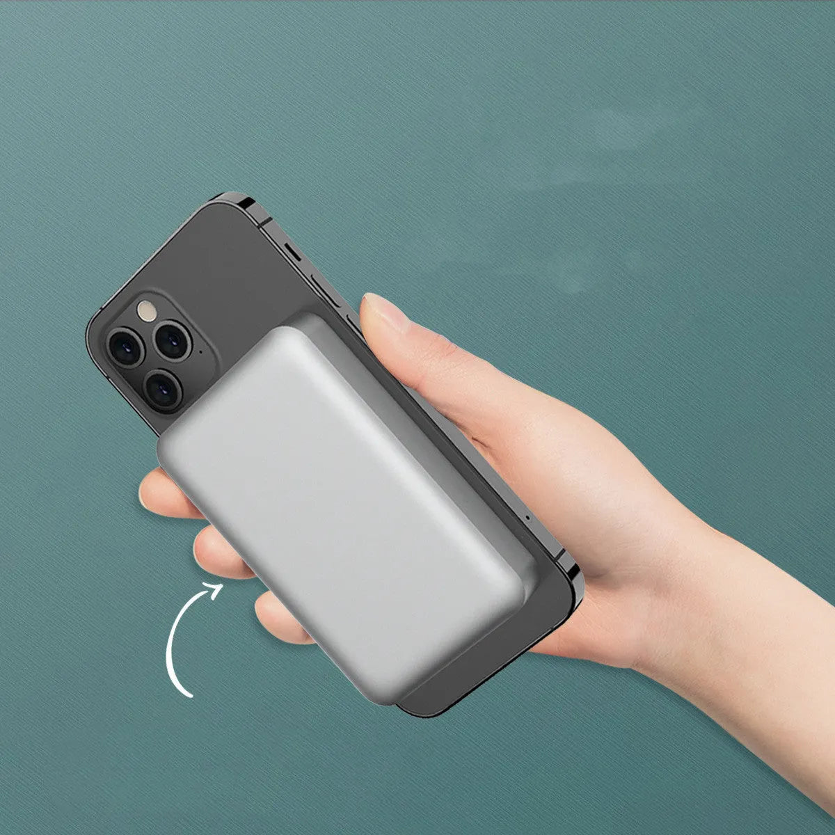 Silver aluminium Apple magnetic wireless power bank showing USB-C port and dimensions.